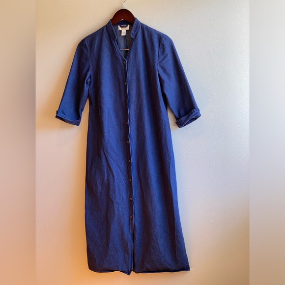 Talbots Cotton Dark Blue Washed Denim Dress Size 4 Petite Button Up Detail Long - Picture 3 of 9